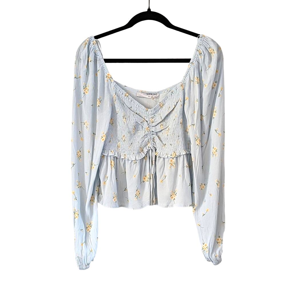 NEW Sophie Rue Smocked Floral Peplum Top L Blue Milkmaid Cottagecore Peasant